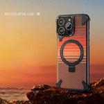 For iPhone Phone Case with Stand Magnetic Carbon Fiber Textured Cover Metal Frame Shockproof Phone Case
