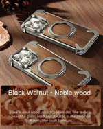 Magsafe Magnetic Phone Case for iPhone Walnut Wood Phone Cover w/ 360° Rotating Ring Stand Bumper