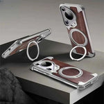 Phone Case for Huawei Pura 70 Ultra with 360° Rotatable Stand Wooden Metal Frame Shockproof Magnetic Protective Cover