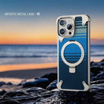 For iPhone Phone Case with Stand Magnetic Carbon Fiber Textured Cover Metal Frame Shockproof Phone Case