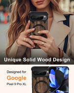 Magnetic Solid Wooden for Google Pixel 9 Pro XL Phone Case with 360° Rotatable Ring Stand Magsafe Bumper Phone Cover