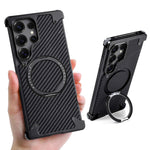 For Samsung Galaxy S25 Ultra Phone Case with Kickstand 360° Rotate Carbon Fiber Texture Wireless Charging Bumper Cover