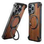 Magsafe Magnetic Phone Case for iPhone Walnut Wood Phone Cover w/ 360° Rotating Ring Stand Bumper
