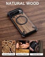 Magnetic Solid Wooden for Google Pixel 9 Pro XL Phone Case with 360° Rotatable Ring Stand Magsafe Bumper Phone Cover
