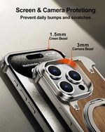 Magsafe Magnetic Phone Case for iPhone Walnut Wood Phone Cover w/ 360° Rotating Ring Stand Bumper