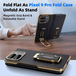 Dual Strap Leather Phone Case for Google Pixel 9 Pro Fold Case with Metal Kickstand 360°Rotatable Shockproof Full Cover