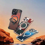 For iPhone Phone Case with Stand Magnetic Carbon Fiber Textured Cover Metal Frame Shockproof Phone Case