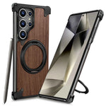 Walnut Wood Phone Case for Samsung Galaxy S24/S25 Ultra Magsafe Phone Protective Cover Bumper with 360° Rotatable Ring