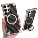 For Samsung Galaxy S25 Ultra Phone Case with Kickstand 360° Rotate Carbon Fiber Texture Wireless Charging Bumper Cover