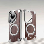 Phone Case for Huawei Pura 70 Ultra with 360° Rotatable Stand Wooden Metal Frame Shockproof Magnetic Protective Cover