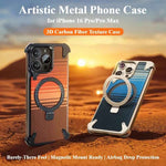 For iPhone Phone Case with Stand Magnetic Carbon Fiber Textured Cover Metal Frame Shockproof Phone Case