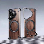 Phone Case for Huawei Pura 70 Ultra with 360° Rotatable Stand Wooden Metal Frame Shockproof Magnetic Protective Cover