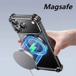 Metal Frameless Case for iPhone Phone Case with 360°Rotatable Stand Magsafe Protective Shockproof
