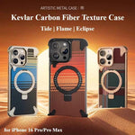 For iPhone Phone Case with Stand Magnetic Carbon Fiber Textured Cover Metal Frame Shockproof Phone Case