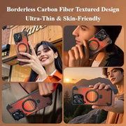 For iPhone Phone Case with Stand Magnetic Carbon Fiber Textured Cover Metal Frame Shockproof Phone Case