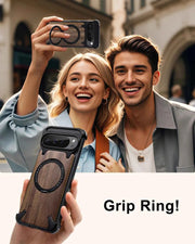 Magnetic Solid Wooden for Google Pixel 9 Pro XL Phone Case with 360° Rotatable Ring Stand Magsafe Bumper Phone Cover