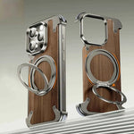 Magsafe Magnetic Phone Case for iPhone Walnut Wood Phone Cover w/ 360° Rotating Ring Stand Bumper