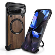 Magnetic Solid Wooden for Google Pixel 9 Pro XL Phone Case with 360° Rotatable Ring Stand Magsafe Bumper Phone Cover