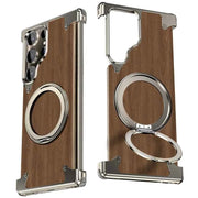 Walnut Wood Phone Case for Samsung Galaxy S24/S25 Ultra Magsafe Phone Protective Cover Bumper with 360° Rotatable Ring