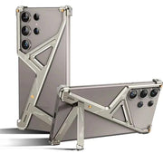 Metal Phone Case for Samsung Galaxy S24 Ultra Geometric Phone Protective Back Cover Framless Bumper Adjust Kickstand