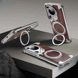 Phone Case for Huawei Pura 70 Ultra with 360° Rotatable Stand Wooden Metal Frame Shockproof Magnetic Protective Cover