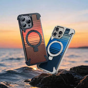 For iPhone Phone Case with Stand Magnetic Carbon Fiber Textured Cover Metal Frame Shockproof Phone Case