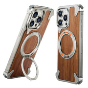 Magsafe Magnetic Phone Case for iPhone Walnut Wood Phone Cover w/ 360° Rotating Ring Stand Bumper