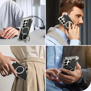 For Samsung Galaxy S25 Ultra Phone Case with Kickstand 360° Rotate Carbon Fiber Texture Wireless Charging Bumper Cover