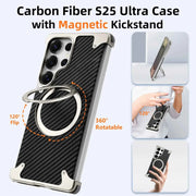 For Samsung Galaxy S25 Ultra Phone Case with Kickstand 360° Rotate Carbon Fiber Texture Wireless Charging Bumper Cover
