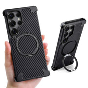 For Samsung Galaxy S25 Ultra Phone Case with Kickstand 360° Rotate Carbon Fiber Texture Wireless Charging Bumper Cover