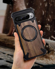 Magnetic Solid Wooden for Google Pixel 9 Pro XL Phone Case with 360° Rotatable Ring Stand Magsafe Bumper Phone Cover