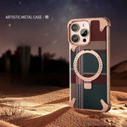 For iPhone Phone Case with Stand Magnetic Carbon Fiber Textured Cover Metal Frame Shockproof Phone Case