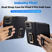 Dual Strap Leather Phone Case for Google Pixel 9 Pro Fold Case with Metal Kickstand 360°Rotatable Shockproof Full Cover