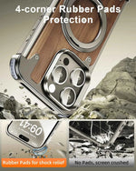 Magsafe Magnetic Phone Case for iPhone Walnut Wood Phone Cover w/ 360° Rotating Ring Stand Bumper