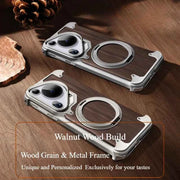 Phone Case for Huawei Pura 70 Ultra with 360° Rotatable Stand Wooden Metal Frame Shockproof Magnetic Protective Cover