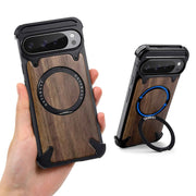 Magnetic Solid Wooden for Google Pixel 9 Pro XL Phone Case with 360° Rotatable Ring Stand Magsafe Bumper Phone Cover