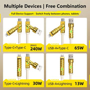 240W 4-in-1 Charging Cable 1.68m USB A/C to C/Lightning w/ Light for iPhone 17 16 15/MacBook Air/iPad/Samsung/Switch 2 - NeoFrame