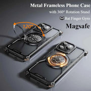 Metal Frameless Phone Case for iPhone with 360° Rotate Stand Bat Shape Fingertip Gyro Bumper Protective