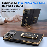 Dual Strap Leather Phone Case for Google Pixel 9 Pro Fold Case with Metal Kickstand 360°Rotatable Shockproof Full Cover