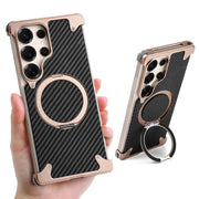 For Samsung Galaxy S25 Ultra Phone Case with Kickstand 360° Rotate Carbon Fiber Texture Wireless Charging Bumper Cover