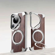 Phone Case for Huawei Pura 70 Ultra with 360° Rotatable Stand Wooden Metal Frame Shockproof Magnetic Protective Cover