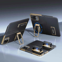 Dual Strap Leather Phone Case for Google Pixel 9 Pro Fold Case with Metal Kickstand 360°Rotatable Shockproof Full Cover