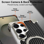 For Samsung Galaxy S25 Ultra Phone Case with Kickstand 360° Rotate Carbon Fiber Texture Wireless Charging Bumper Cover