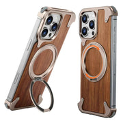 Magsafe Magnetic Phone Case for iPhone Walnut Wood Phone Cover w/ 360° Rotating Ring Stand Bumper