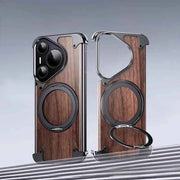 Phone Case for Huawei Pura 70 Ultra with 360° Rotatable Stand Wooden Metal Frame Shockproof Magnetic Protective Cover