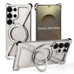 Metal Frameless for Samsung Galaxy S24/S25 Ultra Phone Case with 360° Rotatable Stand Magsafe Shockproof Protective Cover