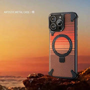 For iPhone Phone Case with Stand Magnetic Carbon Fiber Textured Cover Metal Frame Shockproof Phone Case