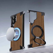 Walnut Wood Phone Case for Samsung Galaxy S24/S25 Ultra Magsafe Phone Protective Cover Bumper with 360° Rotatable Ring