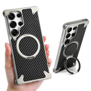 For Samsung Galaxy S25 Ultra Phone Case with Kickstand 360° Rotate Carbon Fiber Texture Wireless Charging Bumper Cover