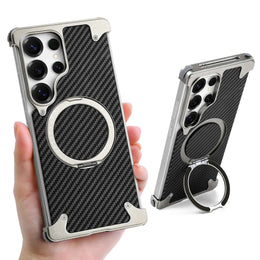 For Samsung Galaxy S25 Ultra Phone Case with Kickstand 360° Rotate Carbon Fiber Texture Wireless Charging Bumper Cover